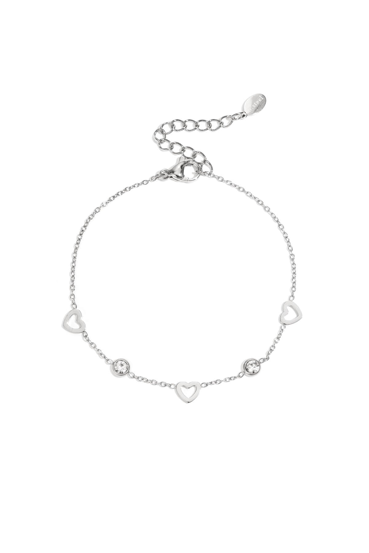 Zilveren stainless steel armband met hartjes en diamanten bedels