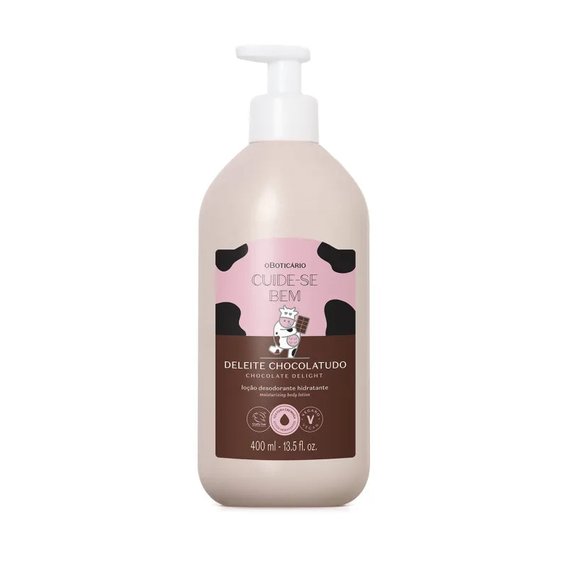 Fles Cuide-se Bem Deleite Chocolatudo 400ml bodylotion met romige textuur en geur van chocolade.