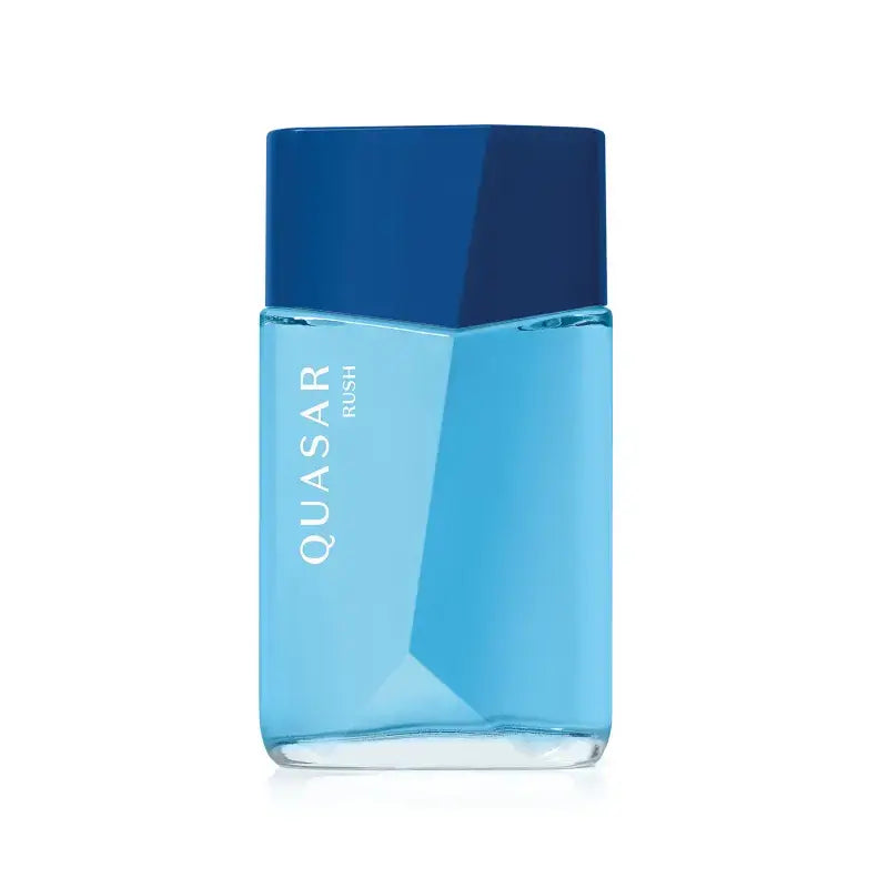 Flacon van Quasar Rush van Boticário voor mannen, met blauwe accenten en frisse uitstraling – symbool van energie en vernieuwing.
