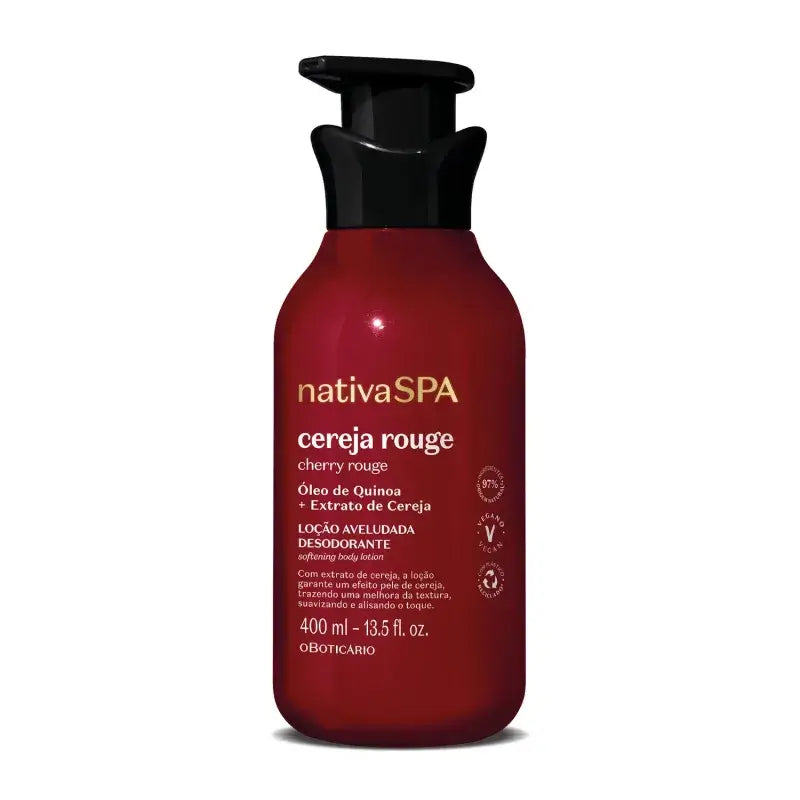 Vooraanzicht van de Nativa Spa Cereja Rouge bodylotion 400ml van o Boticário in een elegante rode fles met zwarte dop.