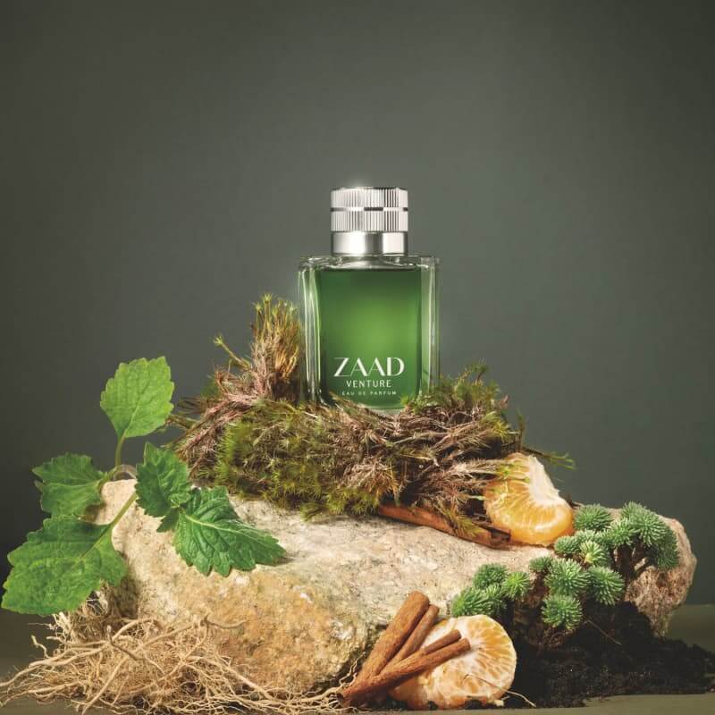 Zaad Venture Eau de Parfum gepresenteerd op een rots met mos, kaneel, mandarijn en bladeren – een natuurlijke compositie die de frisse en houtachtige geur van de parfum weerspiegelt.