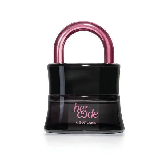 Her Code Touch Eau De Parfum 50ml – stijlvol flacon in de vorm van een zwart slot met warme roze accenten, symbool voor vrouwelijk mysterie en sensualiteit.