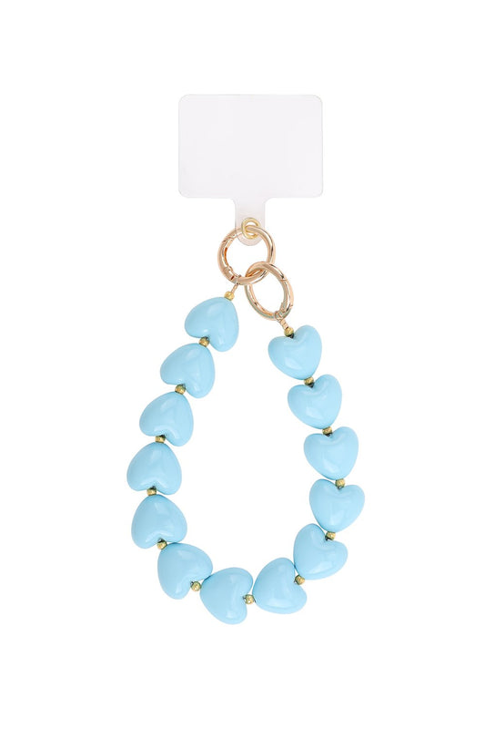 Elegante telefoonkoord met lichtblauwe hartjes en gouden kralen