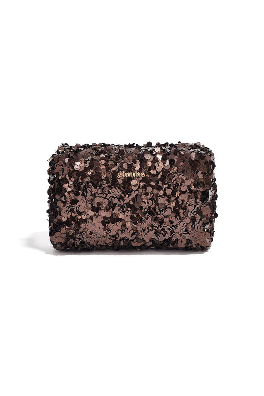 Bruine make-up tas met glanzende pailletten