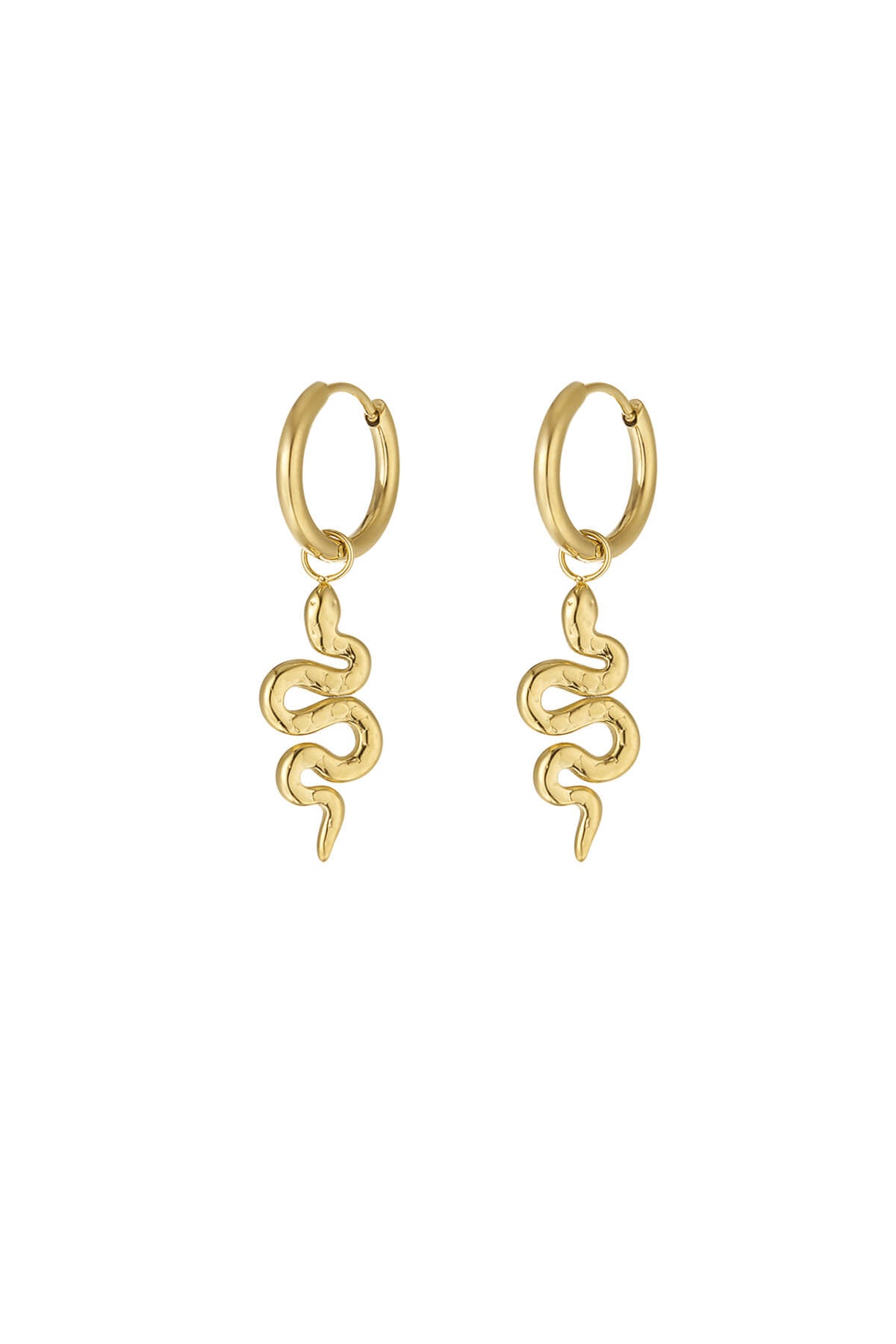 Oorbellen met hanger slangen in de kleur goud. Gemaakt van stainless steel.