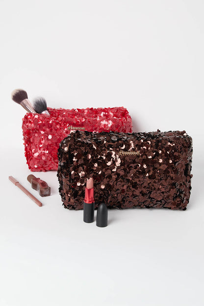 Make-up tassen in rood en koffiebruin met pailletten