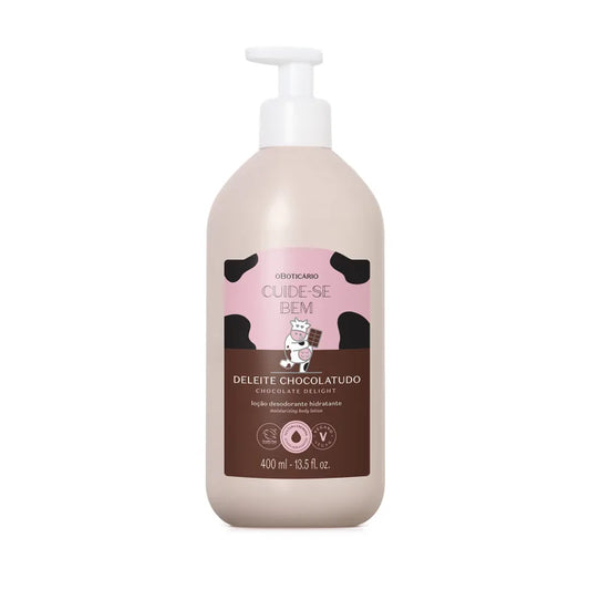 Fles Cuide-se Bem Deleite Chocolatudo 400ml bodylotion met romige textuur en geur van chocolade.