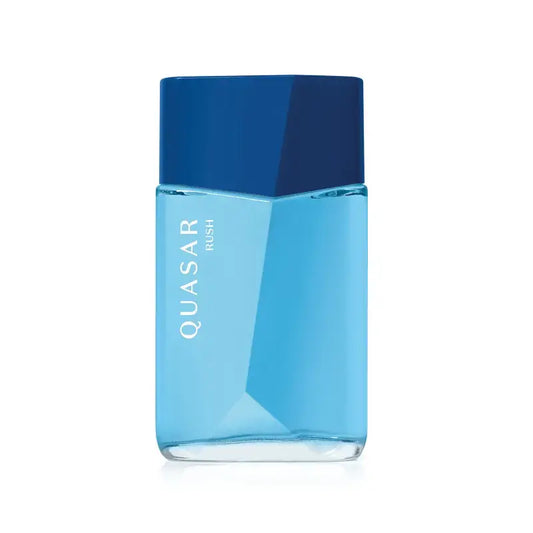 Flacon van Quasar Rush van Boticário voor mannen, met blauwe accenten en frisse uitstraling – symbool van energie en vernieuwing.