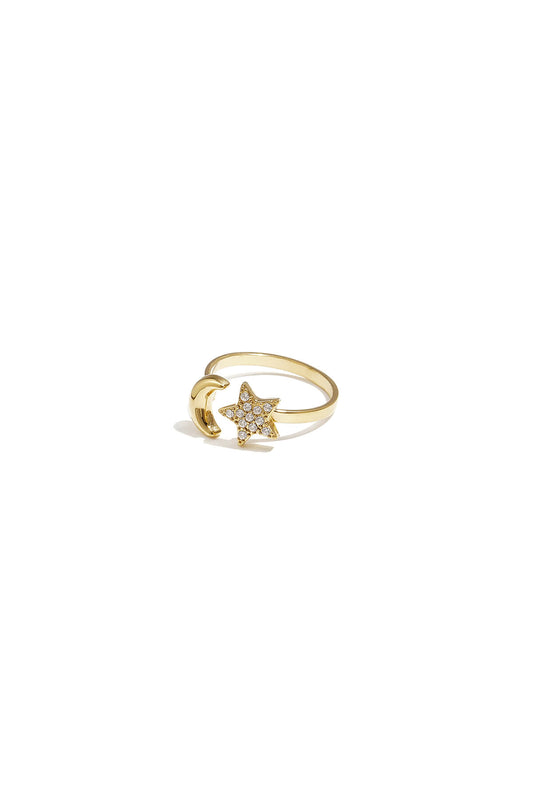 Minimalistische ring met maan en ster in de kleur goud