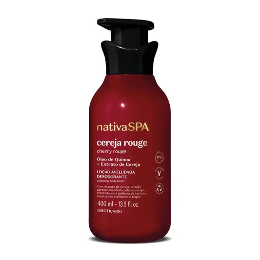 Vooraanzicht van de Nativa Spa Cereja Rouge bodylotion 400ml van o Boticário in een elegante rode fles met zwarte dop.