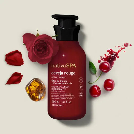 Nativa Spa Cereja Rouge naast verse kersen en quinoa als ingrediëntinspiratie.