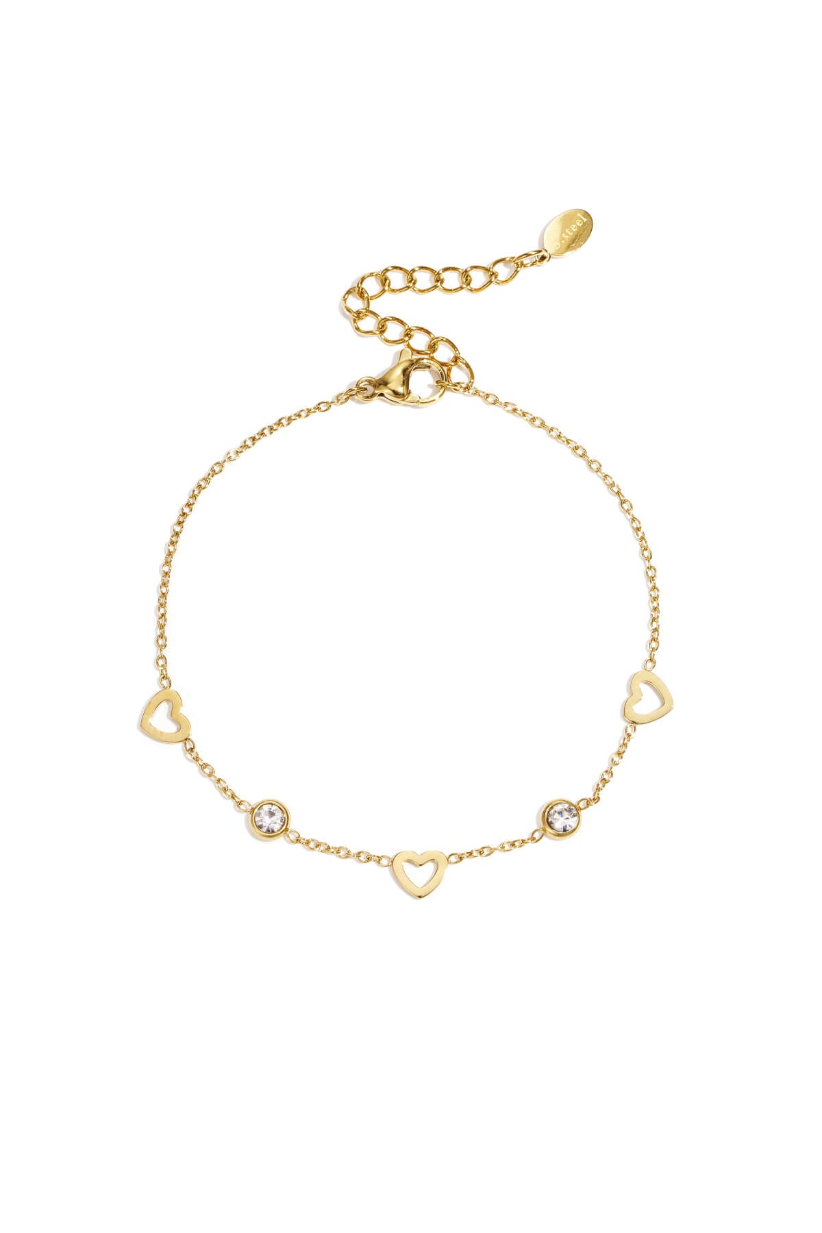 Stainless steel armband in de kleur goud met hartjes en diamant bedels.