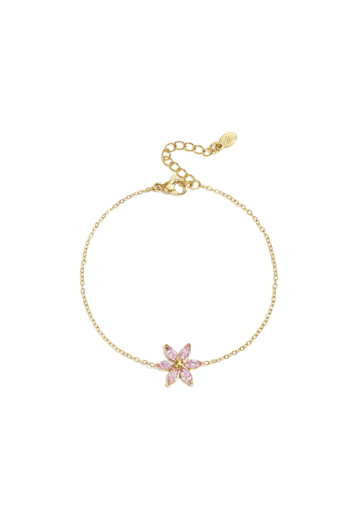 Gouden stainless steel armband met een roze bloem bedel