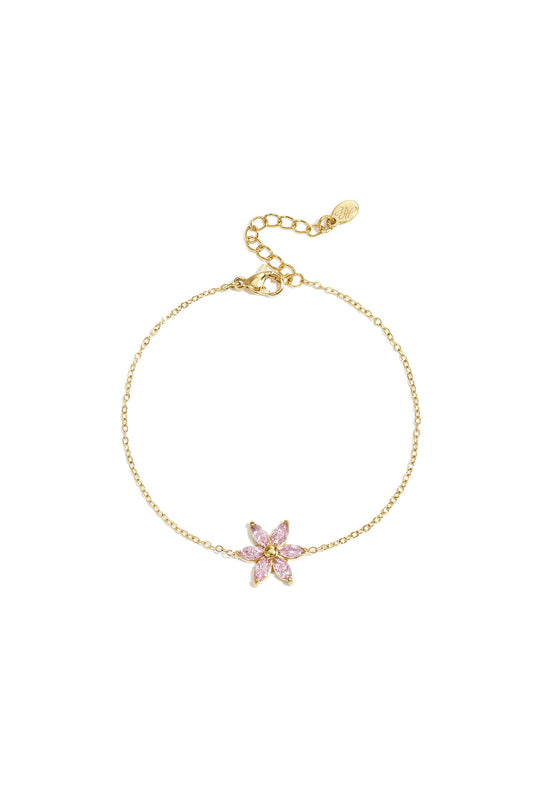 Gouden stainless steel armband met een roze bloem bedel